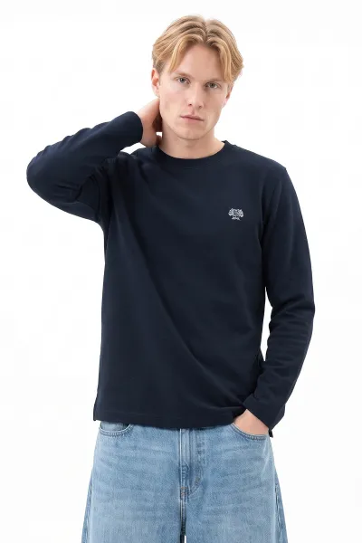 Lacivert Bisiklet Yaka Sırt Nakış Detaylı Erkek Sweatshirt 491992
