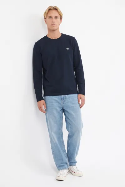 Lacivert Bisiklet Yaka Sırt Nakış Detaylı Erkek Sweatshirt 491992