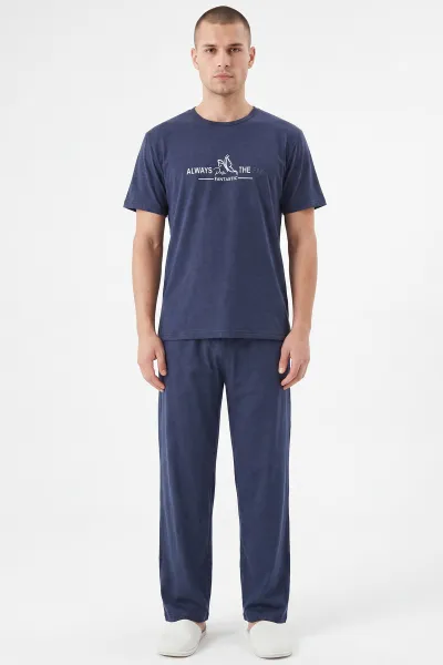 Lacivert Bisiklet Yaka Yazı Detaylı Erkek Kısa Kollu Pijama Takımı 459143