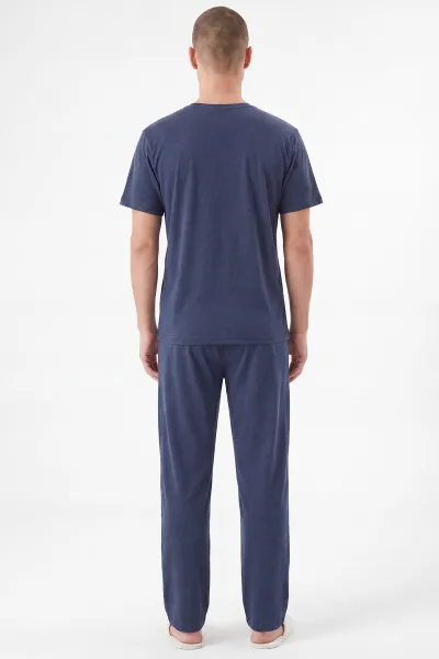 Lacivert Bisiklet Yaka Yazı Detaylı Erkek Kısa Kollu Pijama Takımı 459143