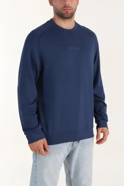 Lacivert Bisiklet Yaka Yazı Detaylı Erkek Sweatshirt 396243