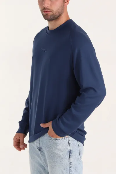 Lacivert Bisiklet Yaka Yazı Detaylı Erkek Sweatshirt 396243