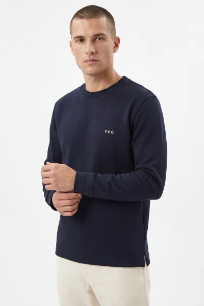 Lacivert Bisiklet Yaka Yazı Detaylı Erkek Sweatshirt 492043