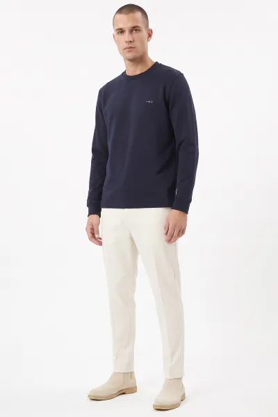 Lacivert Bisiklet Yaka Yazı Detaylı Erkek Sweatshirt 492043