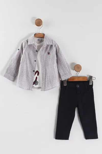 Lacivert Bordo (6-24 Ay)Gömlek Tişört Gabardin Pantolonlu Erkek Bebek 3'lü Takım 444329