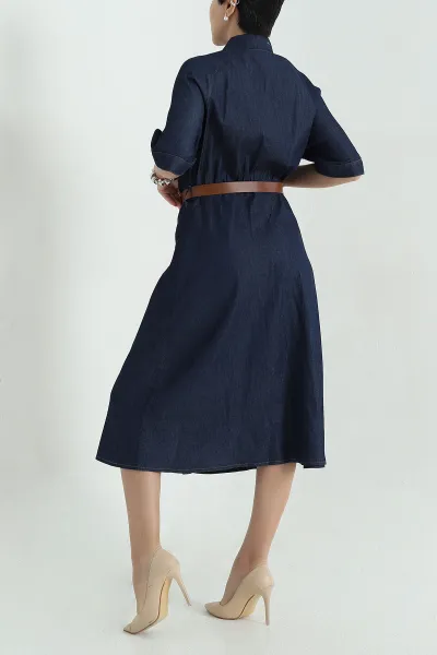 Lacivert Boydan Düğmeli Kemerli Tencel Kot Elbise 368954