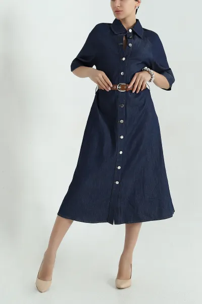 Lacivert Boydan Düğmeli Kemerli Tencel Kot Elbise 368954