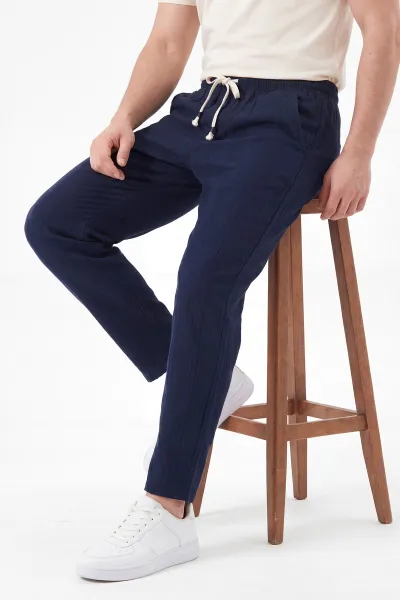 Lacivert Boyfriend Ham Keten Belden Bağlamalı Erkek Pantolon 459595