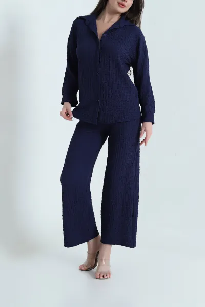 lacivert-bukle-kumas-pantolon-gomlek-kadin-ikili-takim-454967