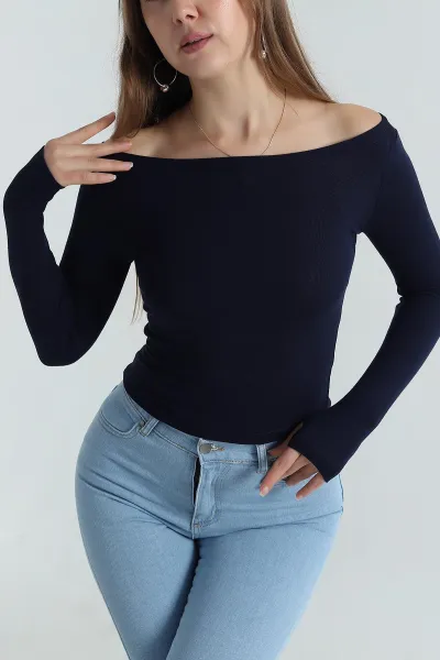 Lacivert Buzi Kayık Yaka Parmak Geçmeli Kadın Bluz 408778