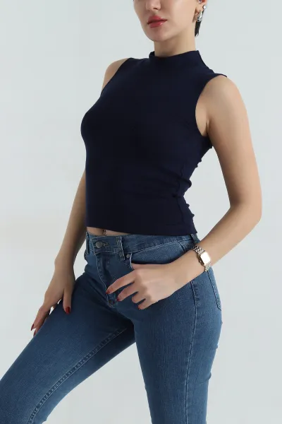 Lacivert Buzi Yarım Boğazlı Sıfır Kol Kadın Badi 415554
