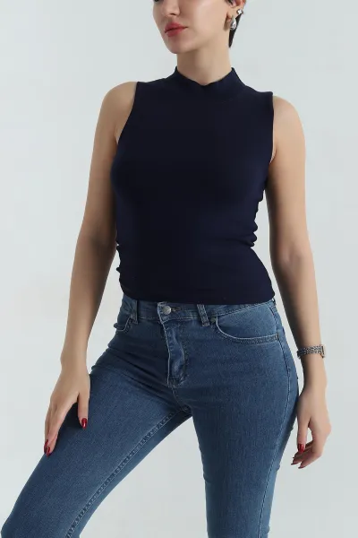 Lacivert Buzi Yarım Boğazlı Sıfır Kol Kadın Badi 415554