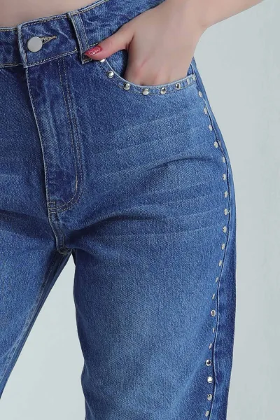 Lacivert Çakımlı Mom Kadın Kot Pantolon 484894