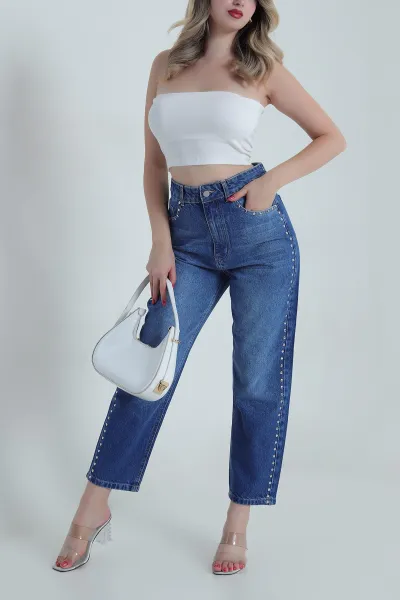 Lacivert Çakımlı Mom Kadın Kot Pantolon 484894