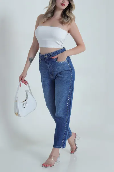 Lacivert Çakımlı Mom Kadın Kot Pantolon 484894