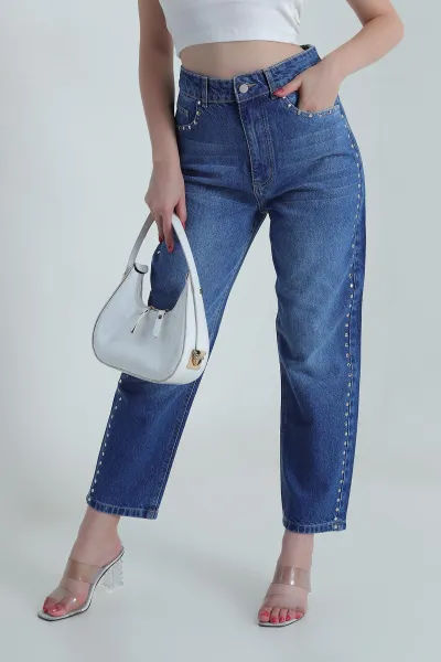 Lacivert Çakımlı Mom Kadın Kot Pantolon 484894