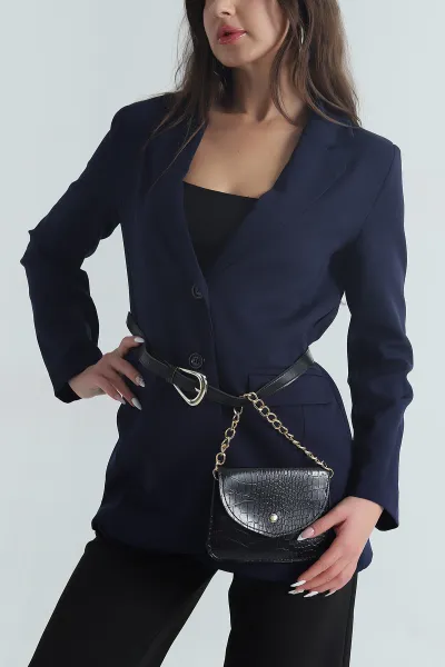 Lacivert Çantalı Kemerli Kadın Blazer Atlas Ceket 401166