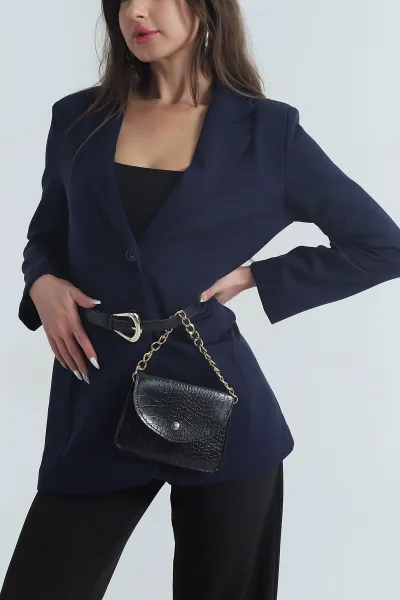 Lacivert Çantalı Kemerli Kadın Blazer Atlas Ceket 401166