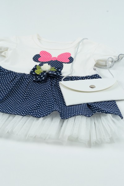 (0-3Yaş)Lacivert Çantalı Tül Detay Kız Çocuk Elbise 101185