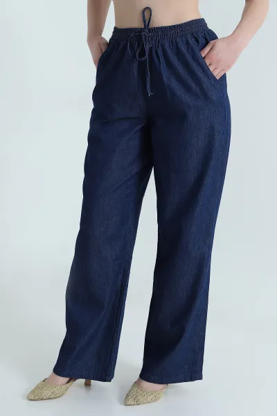Lacivert Cep Detay Bel Lastikli Kadın Tencel Kot Pantolon 473441