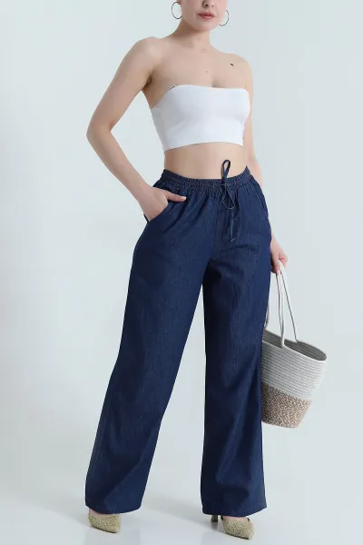 Lacivert Cep Detay Bel Lastikli Kadın Tencel Kot Pantolon 473441