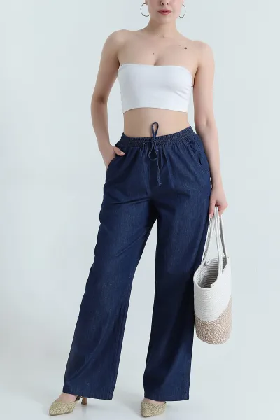 Lacivert Cep Detay Bel Lastikli Kadın Tencel Kot Pantolon 473441