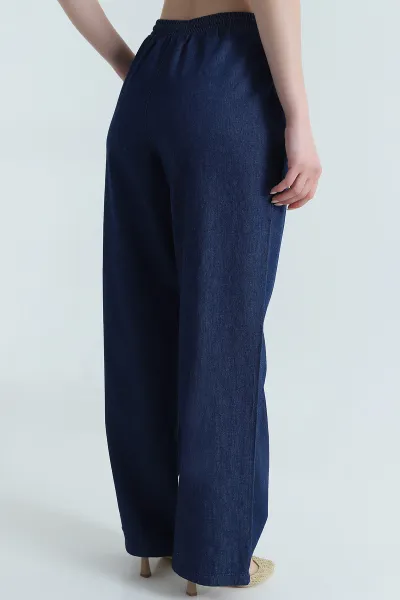 Lacivert Cep Detay Bel Lastikli Kadın Tencel Kot Pantolon 473441