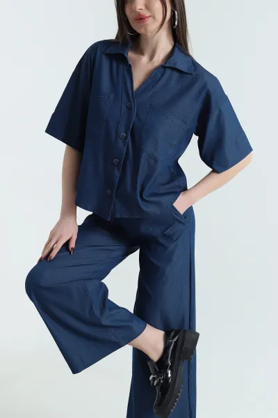 Lacivert Cepli Bel Lastikli Denim Kadın İkili Takım 430120