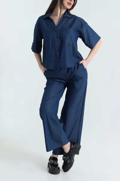 Lacivert Cepli Bel Lastikli Denim Kadın İkili Takım 430120