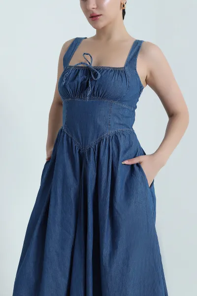 Lacivert Cepli Fermuarlı Gipeli Denim Kadın Elbise 470865