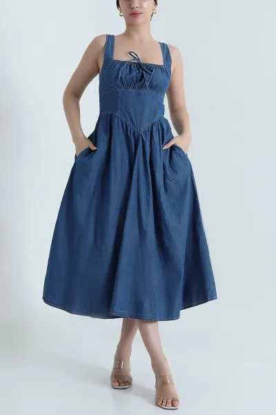 Lacivert Cepli Fermuarlı Gipeli Denim Kadın Elbise 470865