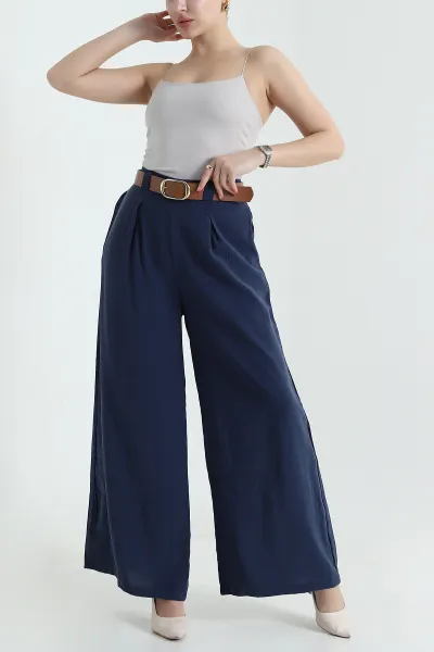 Lacivert Cepli Pileli Tencel Kadın Pantolon 436735