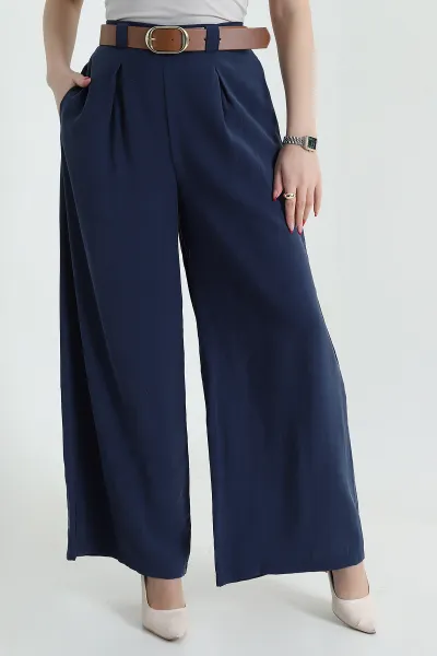 Lacivert Cepli Pileli Tencel Kadın Pantolon 436735