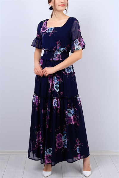 Lacivert Çiçek Desenli Bayan Şifon Elbise 12275B