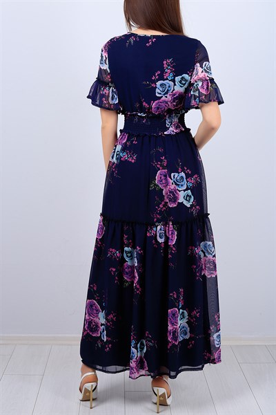 Lacivert Çiçek Desenli Bayan Şifon Elbise 12275B