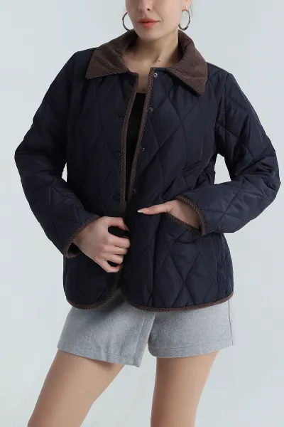 Lacivert Çift Cep Kapitone Kadın Mont 404163