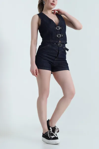 Lacivert Çift Kemerli Denim Kadın İkili Takım 459365