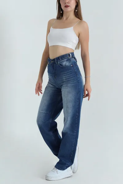 Lacivert Çift Tokalı Cepli Baggy Kadın Kot Pantolon 402281