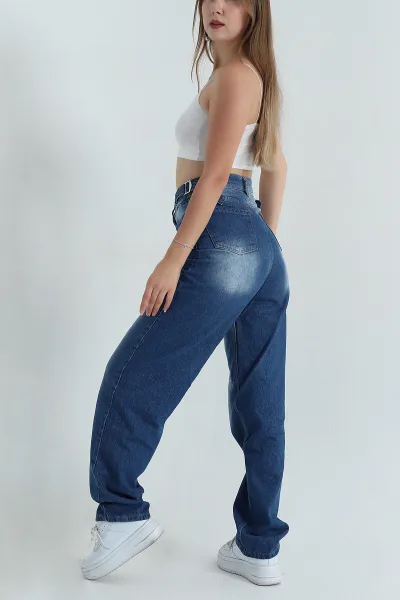 Lacivert Çift Tokalı Cepli Baggy Kadın Kot Pantolon 402281
