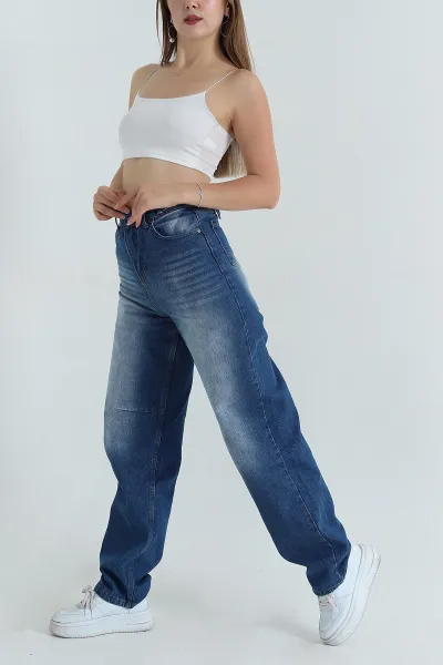 Lacivert Çift Tokalı Cepli Baggy Kadın Kot Pantolon 402281
