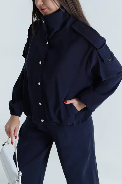 Lacivert Çıtçıtlı Ceket Pantolon Modal Kadın İkili Takım 492784