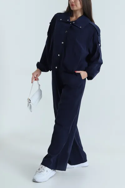 Lacivert Çıtçıtlı Ceket Pantolon Modal Kadın İkili Takım 492784