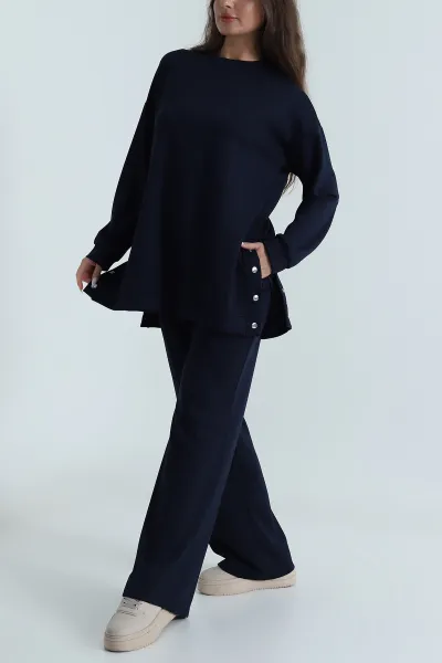 Lacivert Çıtçıtlı Oysho Kadın Tunik Pantolon İkili Takım 489010