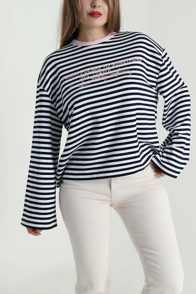 Lacivert Çizgili Baskılı Kadın Sweatshirt 494411
