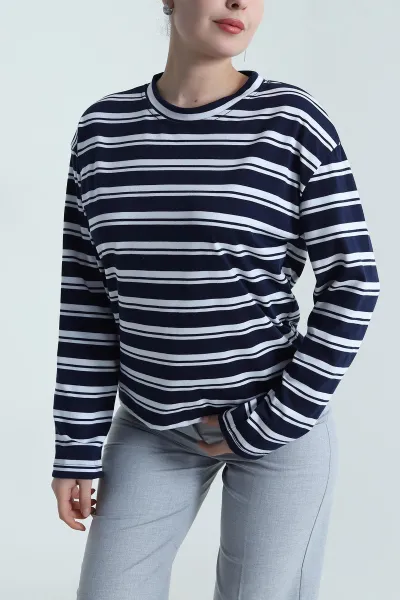 Lacivert Çizgili Bisiklet Yaka Kadın Sweat 493745