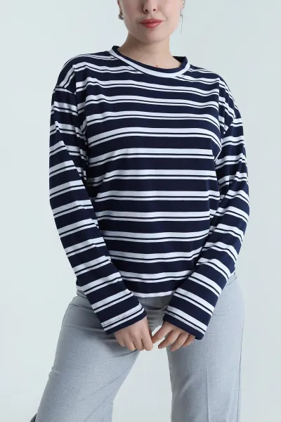 lacivert-cizgili-bisiklet-yaka-kadin-sweat-493745