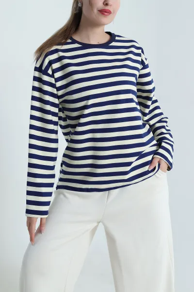 Lacivert Çizgili İki İp Kadın Fermuarsız Sweat 490270