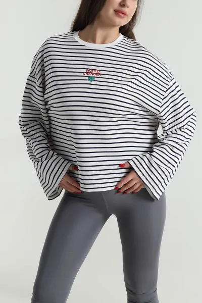 Lacivert Çizgili Kadın İki İp Fermuarsız Sweat 496516