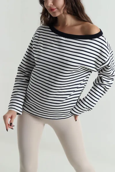 Lacivert Çizgili Kayık Yaka Modal Kadın Bluz 498863