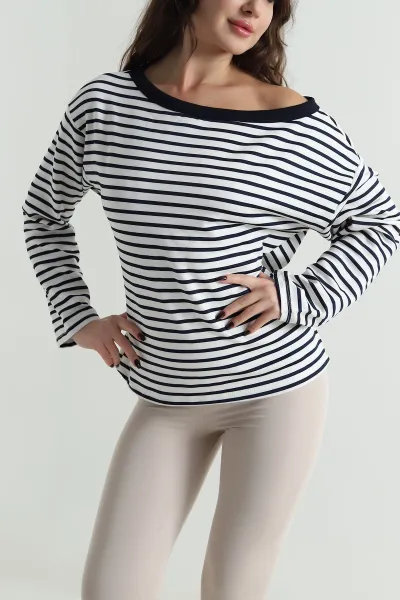 Lacivert Çizgili Kayık Yaka Modal Kadın Bluz 498863